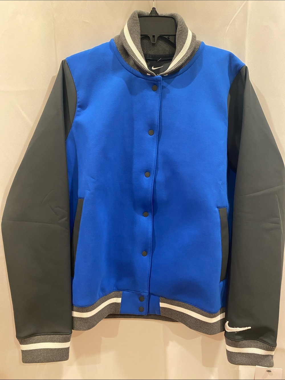 Nike Women’s Royal Blue and Black Varsity Bomber Jacket - Large